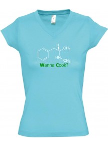 sportlisches Ladyshirt mit V-Ausschnitt Wanna Cook Srukturformel, Farbe tuerkis, Größe L