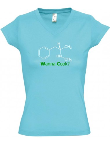 sportlisches Ladyshirt mit V-Ausschnitt Wanna Cook Srukturformel, Farbe tuerkis, Größe L