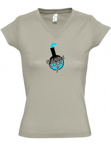 sportlisches Ladyshirt mit V-Ausschnitt Wanna Cook Reagenzglas Test Tube, Farbe khaki, Größe L