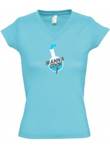 sportlisches Ladyshirt mit V-Ausschnitt Wanna Cook Reagenzglas Test Tube, Farbe tuerkis, Größe L