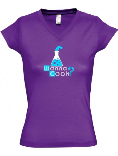 sportlisches Ladyshirt mit V-Ausschnitt Wanna Cook Reagenzglas Test Tube, Farbe lila, Größe L