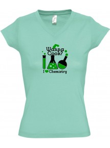 sportlisches Ladyshirt mit V-Ausschnitt Wanna Cook Reagenzglas I love Chemistry