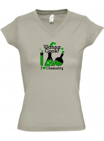 sportlisches Ladyshirt mit V-Ausschnitt Wanna Cook Reagenzglas I love Chemistry, Farbe khaki, Größe L