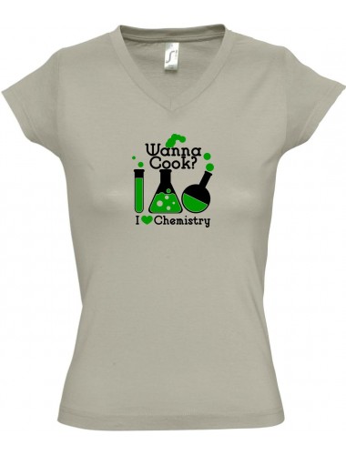 sportlisches Ladyshirt mit V-Ausschnitt Wanna Cook Reagenzglas I love Chemistry, Farbe khaki, Größe L