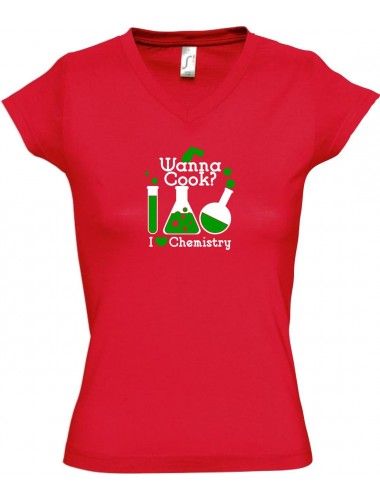 sportlisches Ladyshirt mit V-Ausschnitt Wanna Cook Reagenzglas I love Chemistry, Farbe rot, Größe L