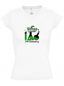 sportlisches Ladyshirt mit V-Ausschnitt Wanna Cook Reagenzglas I love Chemistry, Farbe weiss, Größe L