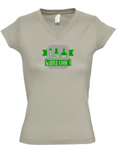 sportlisches Ladyshirt mit V-Ausschnitt Wanna Cook Reagenzglas, Farbe khaki, Größe L