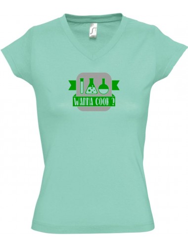 sportlisches Ladyshirt mit V-Ausschnitt Wanna Cook Reagenzglas, Farbe mint, Größe L
