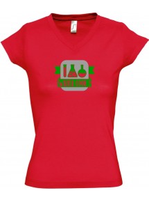 sportlisches Ladyshirt mit V-Ausschnitt Wanna Cook Reagenzglas, Farbe rot, Größe L
