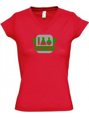 sportlisches Ladyshirt mit V-Ausschnitt Wanna Cook Reagenzglas, Farbe rot, Größe L