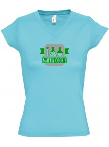 sportlisches Ladyshirt mit V-Ausschnitt Wanna Cook Reagenzglas, Farbe tuerkis, Größe L