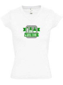 sportlisches Ladyshirt mit V-Ausschnitt Wanna Cook Reagenzglas, Farbe weiss, Größe L