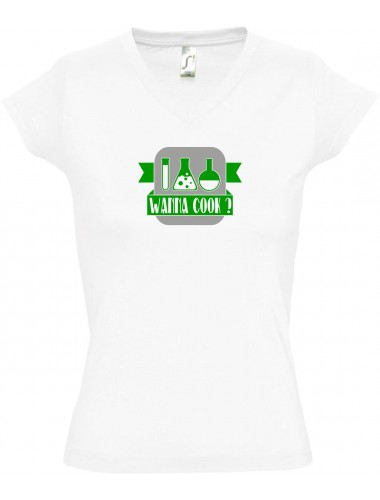 sportlisches Ladyshirt mit V-Ausschnitt Wanna Cook Reagenzglas, Farbe weiss, Größe L