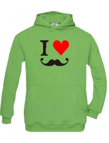 TOP Kinder Kapuzenpullover I Love Mustache Moustache Schnurrbart Bart FUN kult, lime, Größe 110/116