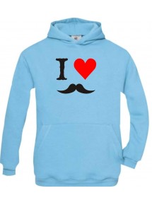 TOP Kinder Kapuzenpullover I Love Mustache Moustache Schnurrbart Bart FUN kult, hellblau, Größe 110/116